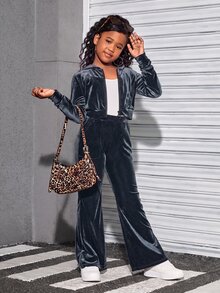 SHEIN 青少年女孩天鵝絨連帽開襟衫與長褲運動休閒套裝 - 藍色 - 查看 7