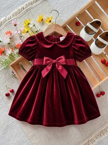 SHEIN Baby Girl Bow Decor Peter Pan Collar Fashion Party Dress - Red - View 3
