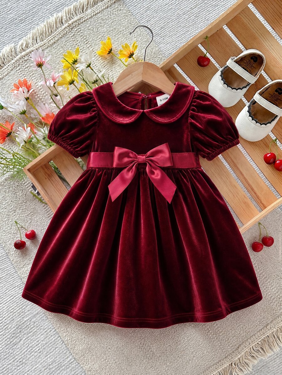 SHEIN Baby Girl Bow Decor Peter Pan Collar Fashion Party Dress - Red - View 1