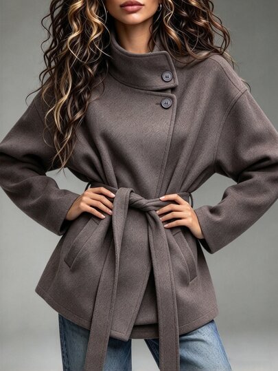 SHEIN London Street Slouchy High Neck Short Overcoat With Tie Waist Silhouette, Women's Winter Outerwear