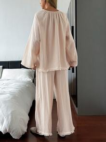 DAZY 2pcs Women's Pajama Set With Tassel Patchwork Solid Color Loose Long Sleeve Top And Long Pants - Apricot - View 2