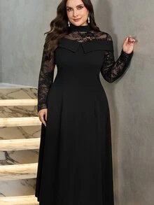 Modelyn 2026 Autumn/Winter Plus Size Women's Fashion Elegant X-Silhouette Off-Shoulder Long Sleeve Lace Patchwork Evening Dress For Holiday Occasions - Black - View 6