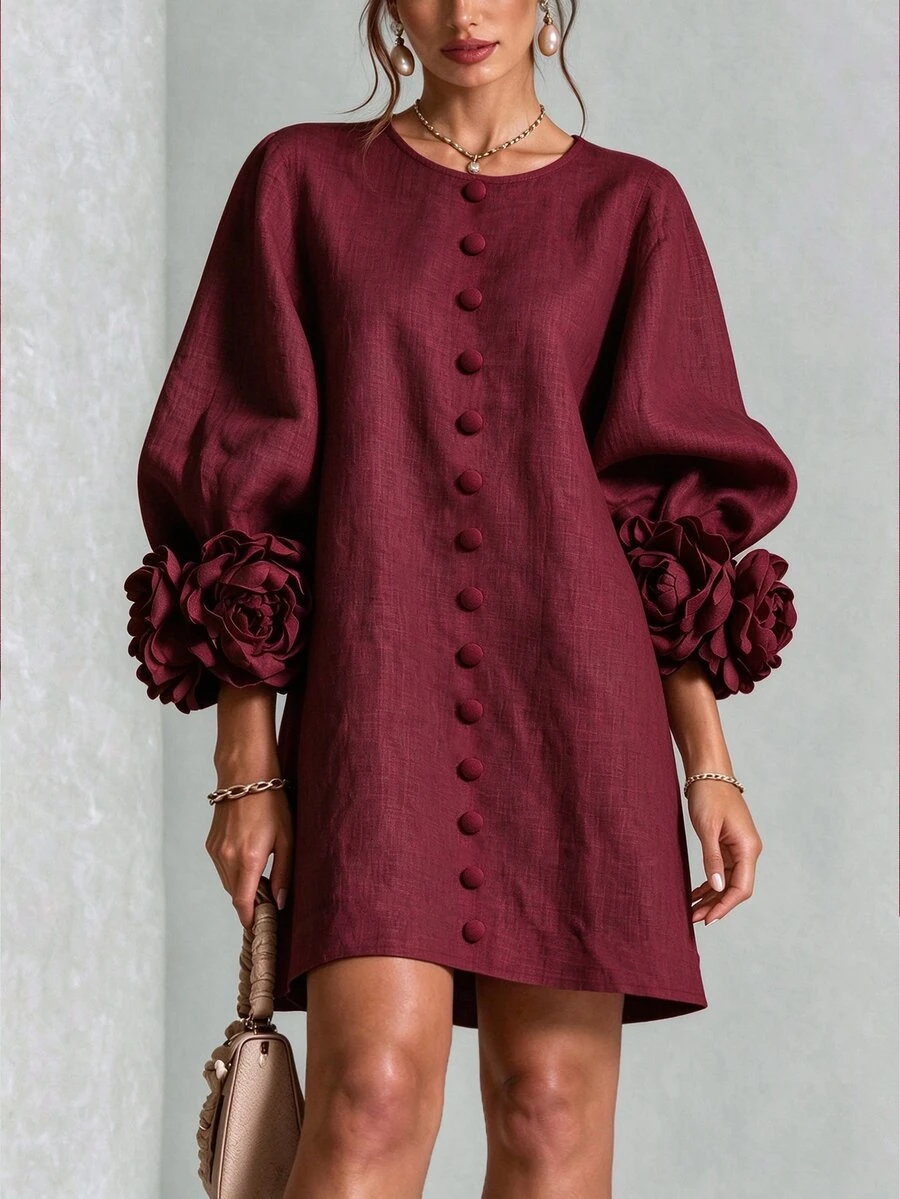 Velvienne Plus Size Women's Vintage Romantic Burgundy Dress, Handmade 3D Floral Cuff Textured Fabric Button-Up Elegant Formal Christening Guest Fall Christmas - Burgundy - View 1