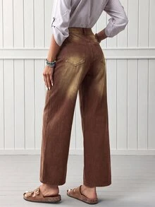 SHEIN Tall 女款直筒寬鬆休閒百搭牛仔褲，附口袋 - 咖啡棕 - 查看 2
