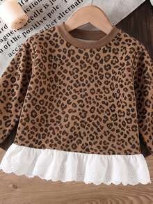 Infant & Toddler Leopard Print Patchwork Ruffle Long Sleeve Top, Vintage Coffee Brown Crew Neck Sweatshirt, Hollow Lace Hem Design, Soft & Skin-Friendly, Spring/Autumn/Winter New Stylish Versatile Piece For Baby Girl - Multicolor - View 3