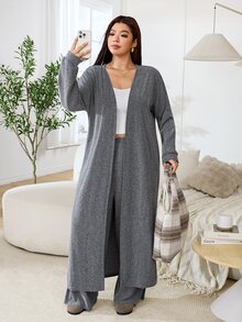 Solflare Plus Size Minimalist Camisole, Loose Pants And Long Sleeve Cardigan 3 Pieces Set - Light Grey - View 5