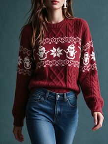 SHEIN LUNE Women's Autumn/Winter Christmas Snowman Pattern Drop Shoulder Long Sleeve Casual Sweater - Red - View 5