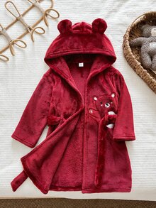 LMoss Kids 小男孩卡通熊刺繡法蘭絨連帽家居服，酒紅色收腰設計，柔軟毛絨面料，寬鬆版型，適合小男孩秋冬居家洗浴晨袍 - 彩色 - 查看 1