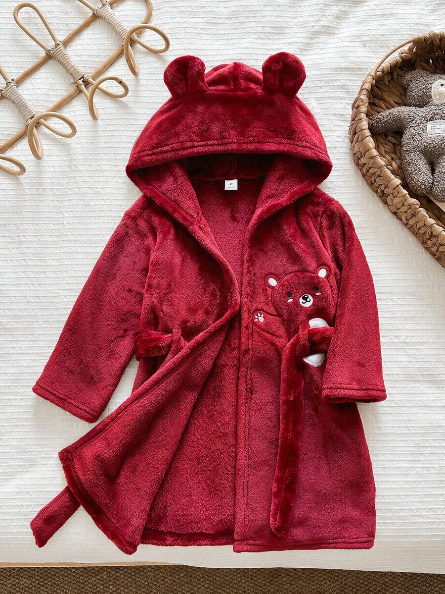 LMoss Kids 小男孩卡通熊刺繡法蘭絨連帽家居服,酒紅色收腰設計,柔軟毛絨面料,寬鬆版型,適合小男孩秋冬居家洗浴晨袍 - 彩色 - 查看 1