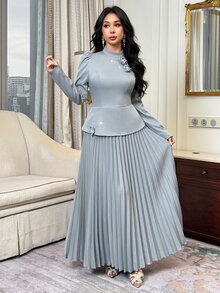 Modelyn Women's 3D Floral Decor Pleated Casual Party Long Dress - Blue - View 6
