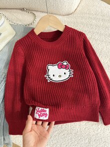 HELLO KITTY AND FRIENDS | SHEIN GraphicGems 女童圓領刺繡針織套頭毛衣，純粉色，可愛甜美休閒簡約百搭，舒適柔軟，適合日常穿著、戶外、上學、玩耍、野餐、旅行 - 紅色 - 查看 8