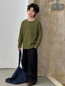 Dazy Kids Tween Boy Solid Color Casual Versatile Daily Wear Long Sleeve T-Shirt - Army Green - View 4