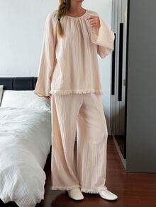 DAZY 2pcs Women's Pajama Set With Tassel Patchwork Solid Color Loose Long Sleeve Top And Long Pants - Apricot - View 6