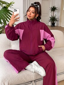 SHEIN EZwear 大尺碼女款拼色長袖拉鍊夾克與鬆緊腰長褲兩件套 秋季 - 酒紅色 - 查看 2