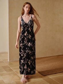 MOTF PREMIUM WOMEN'S FLORAL PRINT CASUAL DAILY HOME CAMISOLE NIGHTGOWN - Black - View 3