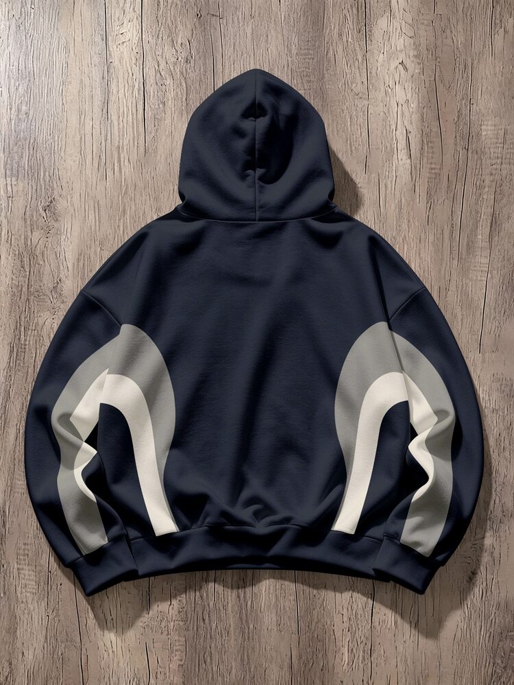 OlaRiff Men's Minimalist Colorblock Long Sleeve Hoodie - Navy Blue - View 2