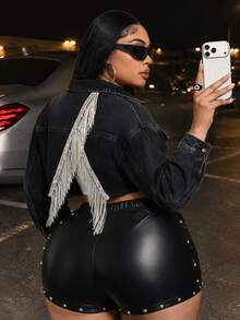 Jeanoix Y2K Plus Size Women's Fashion Washed Denim Jacket With Back Tassel Decor - Dark Grey - View 6