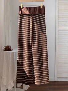 Comfortcana Large Flanged Waist With Patchwork Texture Striped Flared Pants, Suitable For Casual Wear - Brown - View 2