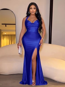 SOLERSUN Plus Size Women's Sexy Hooded Collar Pleated Long Dress With Backless Spaghetti Straps And High Slit Evening Gown - Navy Blue - View 1