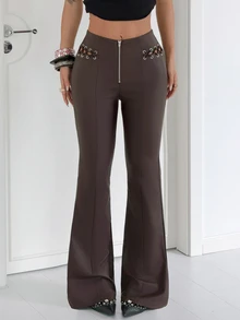 Jeanoix Women's Tie-Front Design Casual Versatile Everyday Flare Leg Pants - Chocolate Brown - View 8