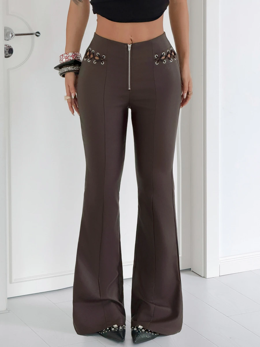 Jeanoix Women's Tie-Front Design Casual Versatile Everyday Flare Leg Pants - Chocolate Brown - View 1