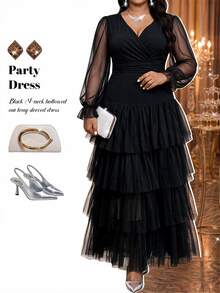 Fleurora Plus Size Autumn Elegant Solid Color Mesh Patchwork Tiered Dress - Black - View 5