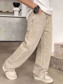 SHEIN 青少年男孩休閒日常穿著牛仔長褲，附口袋 - 卡其色 - 查看 3