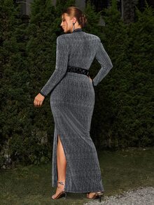 VOLUPTÉ CURVE Plus Size Women's Beaded Decor Long Sleeve Fitted Elegant Dress Christmas - Silver - View 3