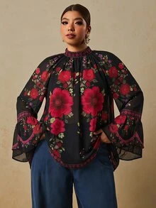 Travachic 大尺碼女款花卉印花立領喇叭袖優雅襯衫 - 彩色 - 查看 5