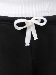 青少年女孩針織灰色腰帶翻折休閒抽繩長褲 - 黑色 - 查看 5