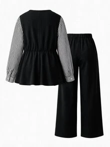 GlowEve CURVE Plus Size Women Casual Striped Patchwork Waist-Cinching Shirt And Pants 2 Pieces Set - Black and White - View 2