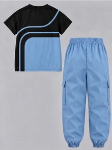 男孩 T-Shirt 套裝，胸前小馬圖案，拼色圓領短袖上衣，搭配純色工裝長褲，適合夏季室內外場合 - 黑色 - 查看 2