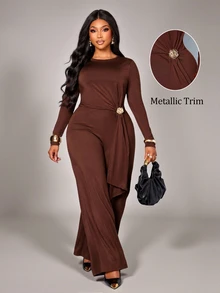 SOLERSUN Plus Size Solid Color Draped Long Sleeve Jumpsuit, Round Neck, Minimalist Cut, Waist Side Metal Buckle With Flap, Evening Party, Elegant Mature Style, One-Piece - Coffee Brown - View 3