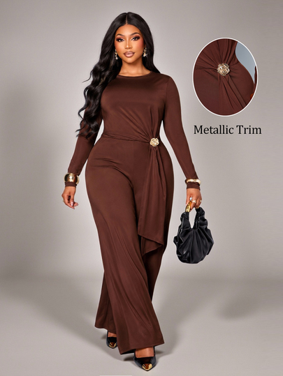 SOLERSUN Plus Size Solid Color Draped Long Sleeve Jumpsuit, Round Neck, Minimalist Cut, Waist Side Metal Buckle With Flap, Evening Party, Elegant Mature Style, One-Piece Pants