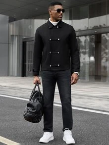 Manfinity CasualCool 男士成熟休閒純色羊毛黑色短夾克，假期禮物最佳選擇 - 黑色 - 查看 4