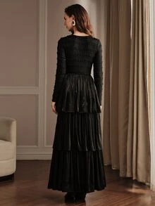 Anewsta French Style 3D Ruffled Shirred Long Sleeve Triple Layer Glossy Shirred Full Skirt Black Dress - Black - View 2