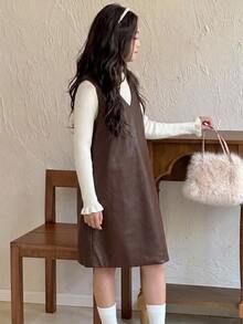 Dazy Kids Tween Girl Solid Color Casual Daily Wear Dress - Brown - View 3