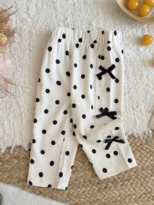 SHEIN 女嬰春秋波點時尚百搭休閒蝴蝶結裝飾長褲，適合外出、公園散步、幼兒園、旅行、露營、野餐等多種場合 - 黑與白 - 查看 5