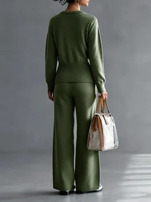 Elenzga Women's Solid Color Long Sleeve Top And Pants Knit 2 Pieces Set - Army Green - View 2