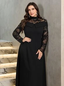 Modelyn 2026 Autumn/Winter Plus Size Women's Fashion Elegant X-Silhouette Off-Shoulder Long Sleeve Lace Patchwork Evening Dress For Holiday Occasions - Black - View 5