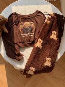 Comfortcana Women's Letter Cartoon Bear Print Sweatshirt And Waist Tie Long Pants Set - Brown - View 3