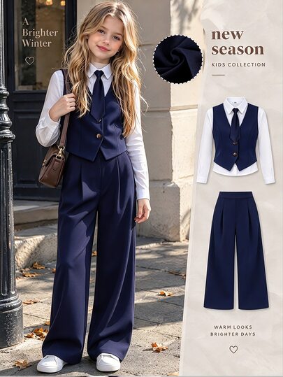 SHEIN Teen GirlElegant Vest & Wide Leg Pants Set, Paired With White Shirt And Tie, Campus Daily Outfit