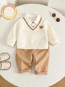 SHEIN 2件組 嬰兒男童/女童對比色襯衫領休閒學院風長袖套頭上衣＋鬆緊腰長褲 秋冬兩件套 - 彩色 - 查看 3