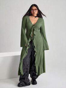 SHEIN ICON ICON 大尺碼女款 V 領前綁帶喇叭袖針織上衣 秋季 - 軍綠色 - 查看 3