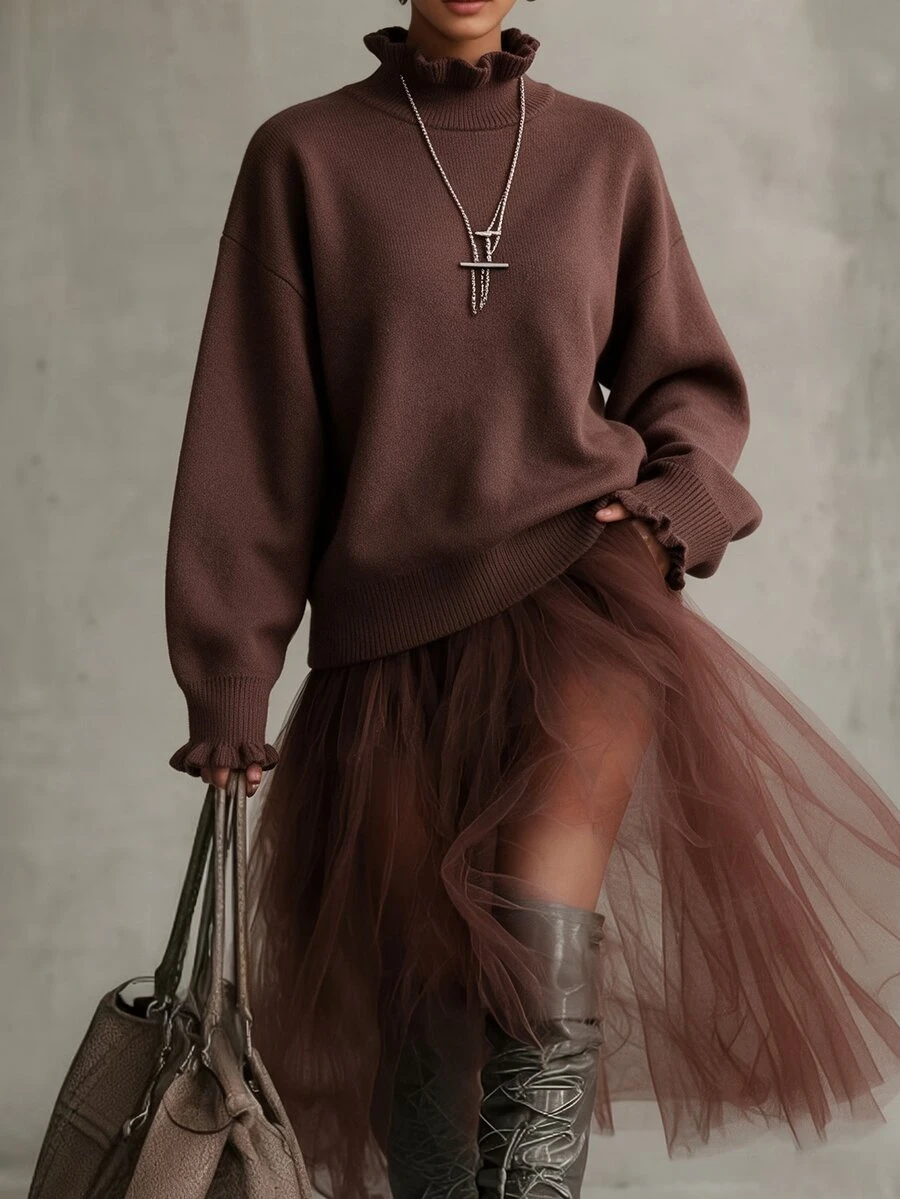Breezaya Autumn/Winter Stand Collar Ruffle Fashion Sweater - Mocha Brown - View 1