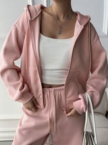 Livesso Women's Casual Solid Color Zip-Up Hoodie And Pants 2 Pieces Set - Pink - View 5