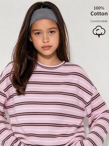 SHEIN 青少年女孩秋季上衣 素色休閒百搭日常長袖T恤，假日穿搭，舒適 - 粉色 - 查看 4