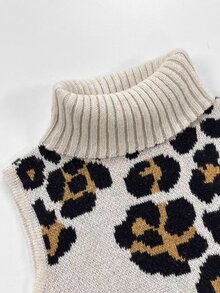 SHEIN Gaun Rajut Tanpa Lengan Leher Tinggi Motif Leopard Vintage - MultiWarna - View 6