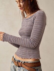 Bohemela Women's Striped Knit Fitted Long Sleeve T-Shirt - Multicolor - View 5