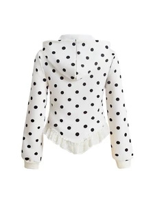 ROMWE Kawaii Women's Polka Dot Print Zipper Front Tie Hooded Sweatshirt - Apricot - View 6